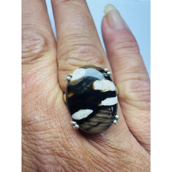 Estate Sterling Silver 925 Ring Fossil Coral Oval Cabochon Size 9, 6.7g TGGC Mar - Picture 1 of 9